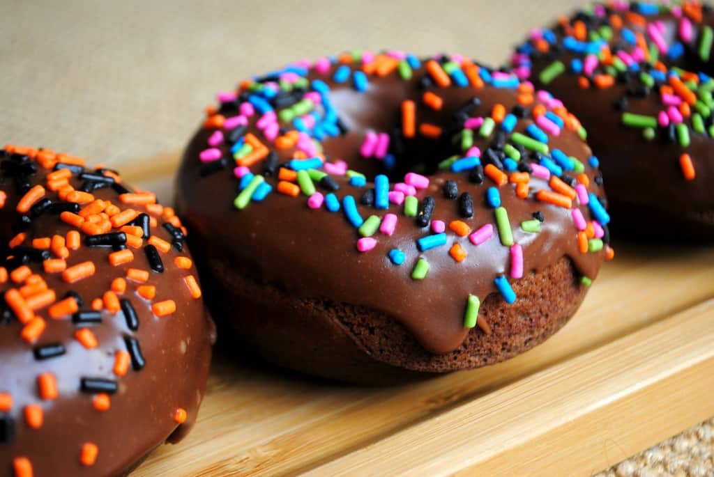 Chocolate Donuts: baked chocolate donuts topped with rich chocolate frosting!