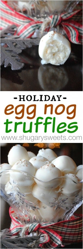 Eggnog Truffles, smooth eggnog and white chocolate centers, would be perfect as a Christmas/hostess gift!