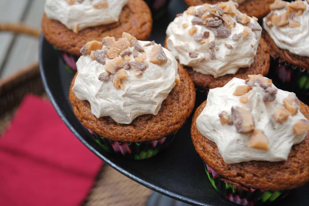 Pumpkin Cupcakes with Maple Toffee Frosting from www.shugarysweets.com
