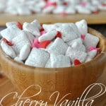 Cherry Vanilla Puppy Chow- easy, delicious puppy chow with cherry gelatin #valentines #puppychow www.shugarysweets.com