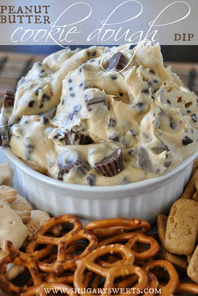 Reese's PB Cookie Dough Dip: a creamy cookie dough dip (no egg) that is perfect for your next party! #Reese's #peanutbutter #gameday @shugarysweets