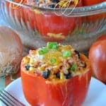 Santa Fe Stuffed Peppers: a healthy dinner made with ground turkey. Lots of flavor! #stuffedpeppers #healthy #dinner www.shugarysweets.com