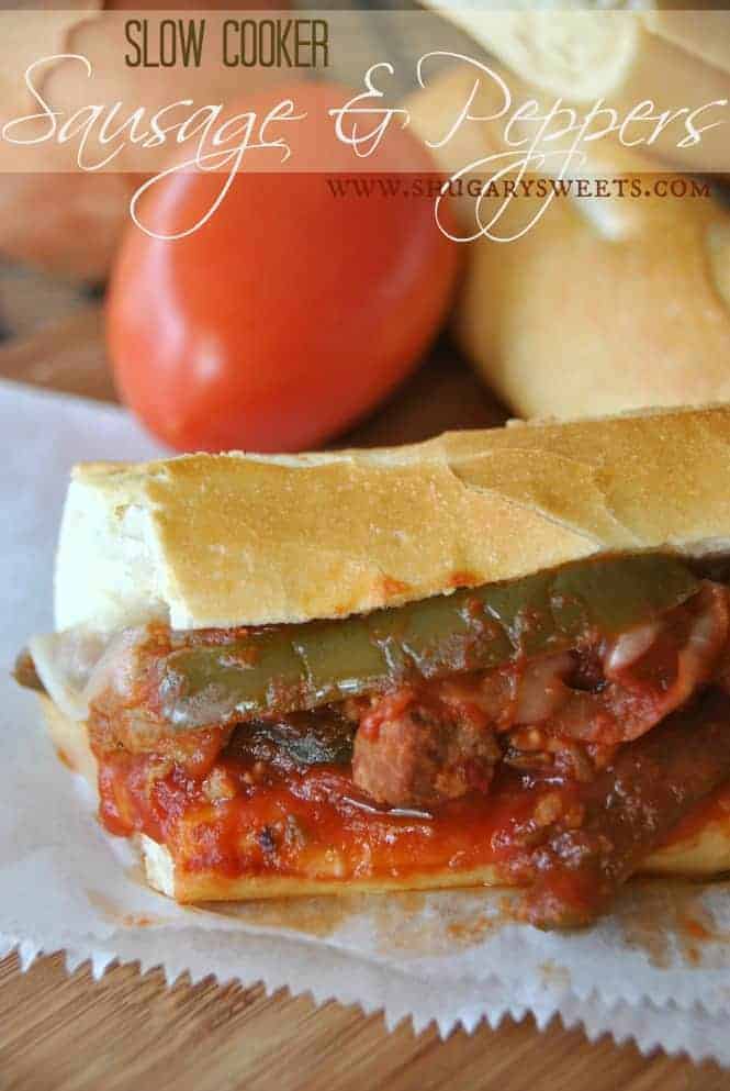 Slow Cooker Sausage and Peppers: delicious, hearty meal made in your #crockpot #dinner www.shugarysweets.com