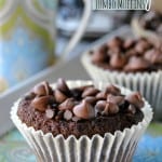 Bakery Style Double Chocolate Muffins: rich, moist chocolate muffins with dark chocolate acai and blueberry! #chocolatemuffins #copycat @brookside_choc 