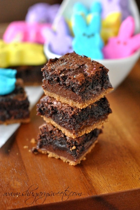 Layered S'mores Brownies with PEEPS: rich, fudgy brownies with a layer of grahams, fudge and brownie. Topped with marshmallow #PEEPS Layered S'mores Brownies with PEEPS: rich, fudgy brownies with a layer of grahams, fudge and brownie. Topped with marshmallow #PEEPS