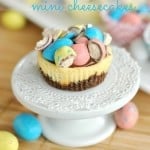 Malt Ball Mini Cheesecakes with Chocolate Ganache: easy, mini cheesecakes that are perfect for Easter! #philadelphia #cheesecake @shugarysweets