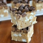 Fluffernutter Krispie Treats: a delicious chocolate peanut butter and marshmallow treat, easy and no bake too! #reeses Fluffernutter Krispie Treats: a delicious chocolate peanut butter and marshmallow treat, easy and no bake too! #reeses