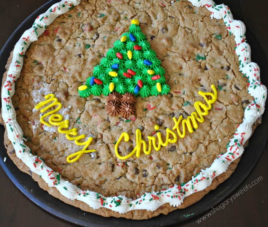 Looking for a fun new family Christmas Tradtion? How about a Christmas Eve pizza feast! Christmas Cookie Cake via Shugary Sweets || Christmas Eve Dinner: 5 Fun Festive Holiday Feasts! || Letters from Santa Holiday Blog