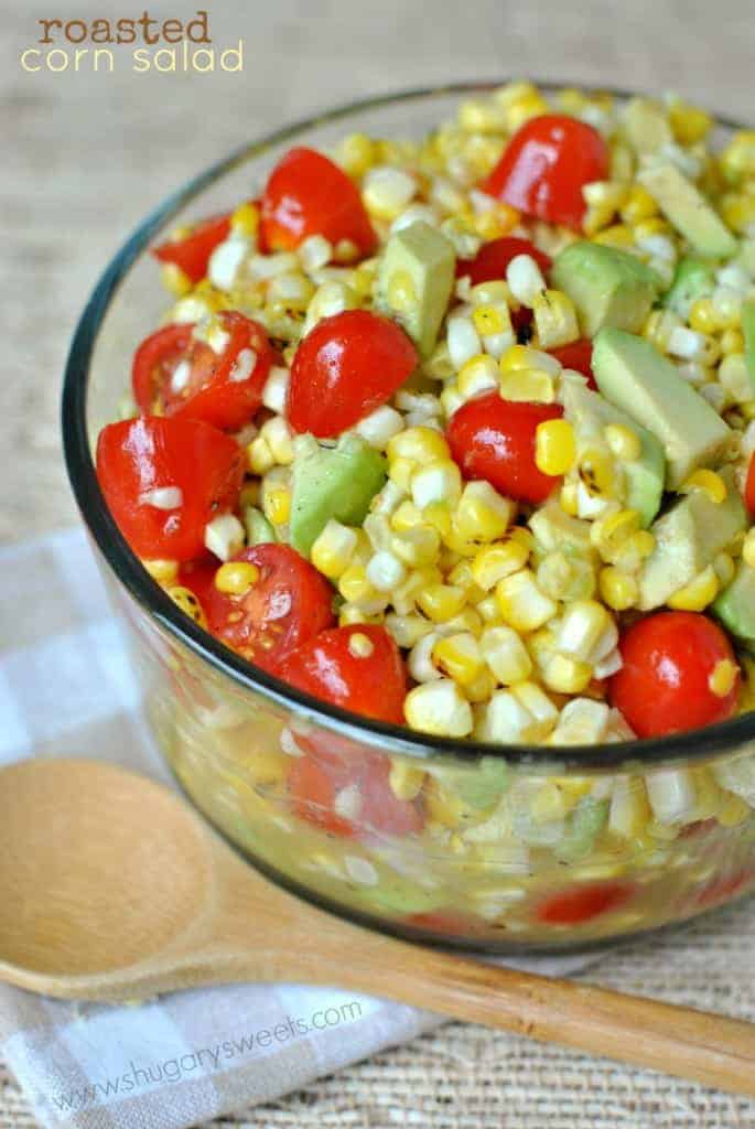 Roasted Corn Salad with Honey Lime Dressing, tomatoes and avocado! One of our new favorites!