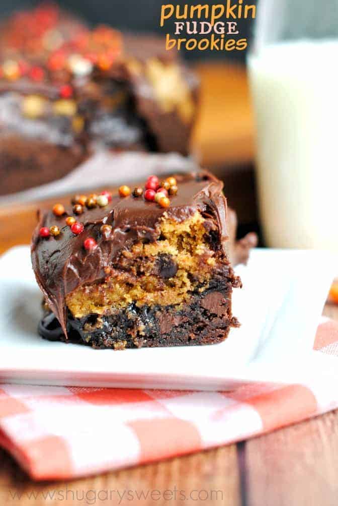 Pumpkin Fudge Brookies: a fudgy brownie layered topped with chocolate chip Pumpkin cookies and fudge frosting!