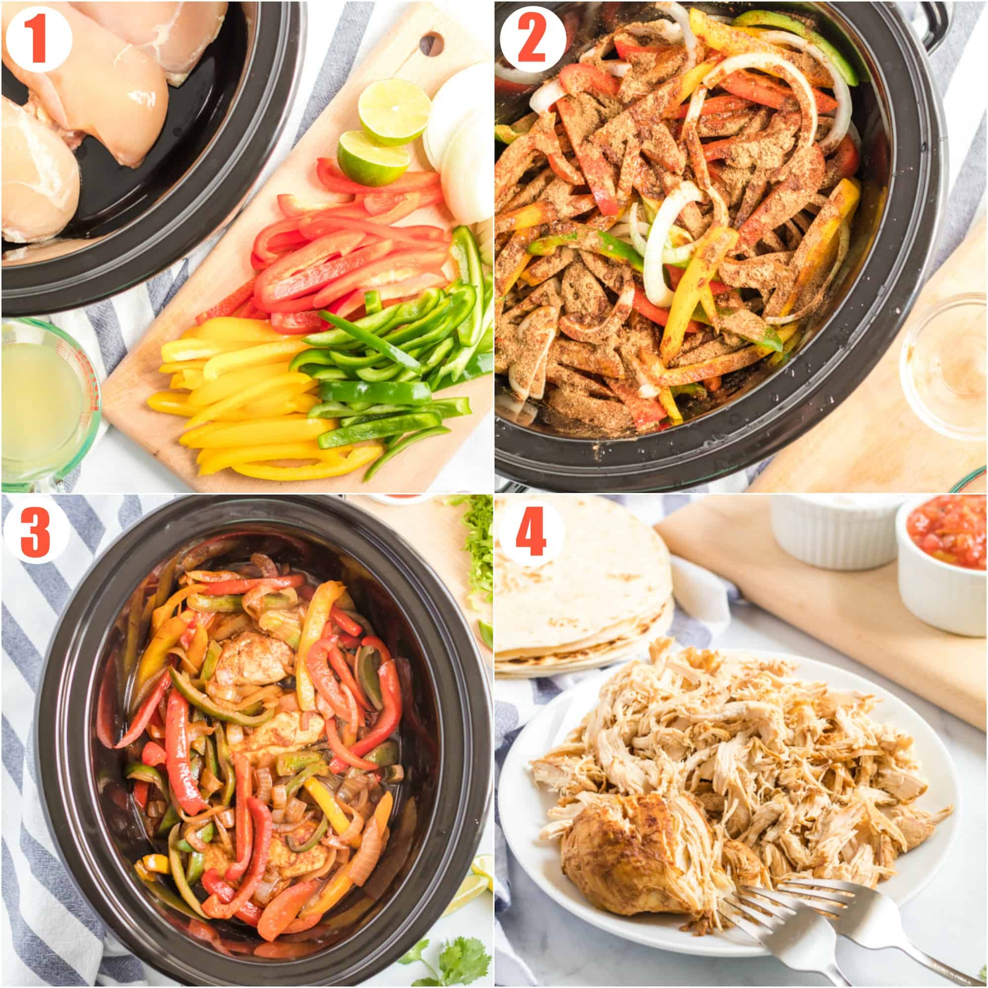 Step by step photo collage for how to make Chicken Fajitas in the crockpot.