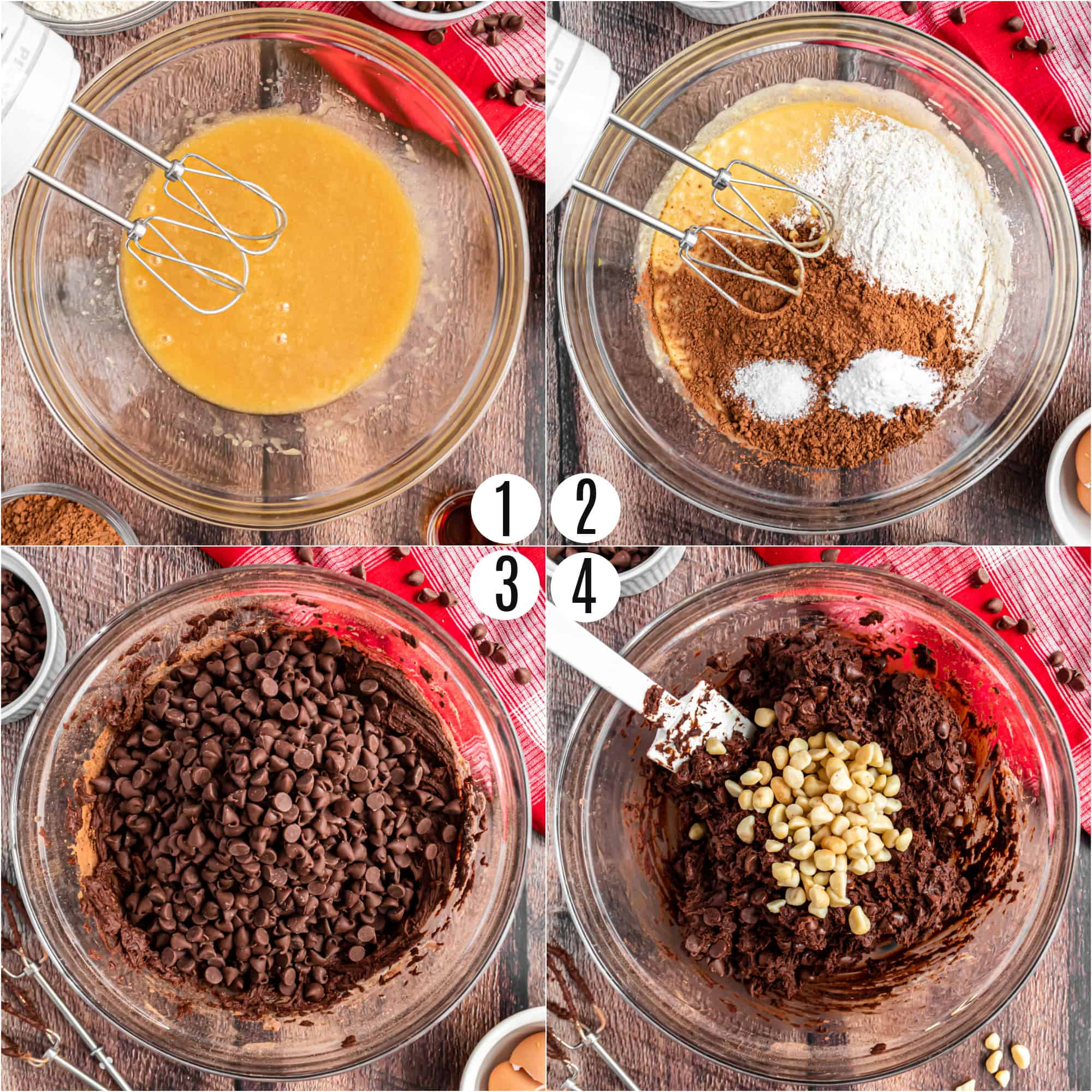 Step by step photos showing how to make chocolate macadamia nut cookies.