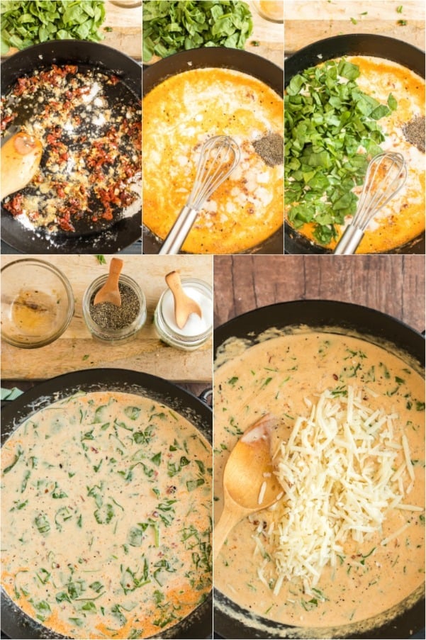 Step by step photos on how to make creamy tuscan garlic sauce for chicken.