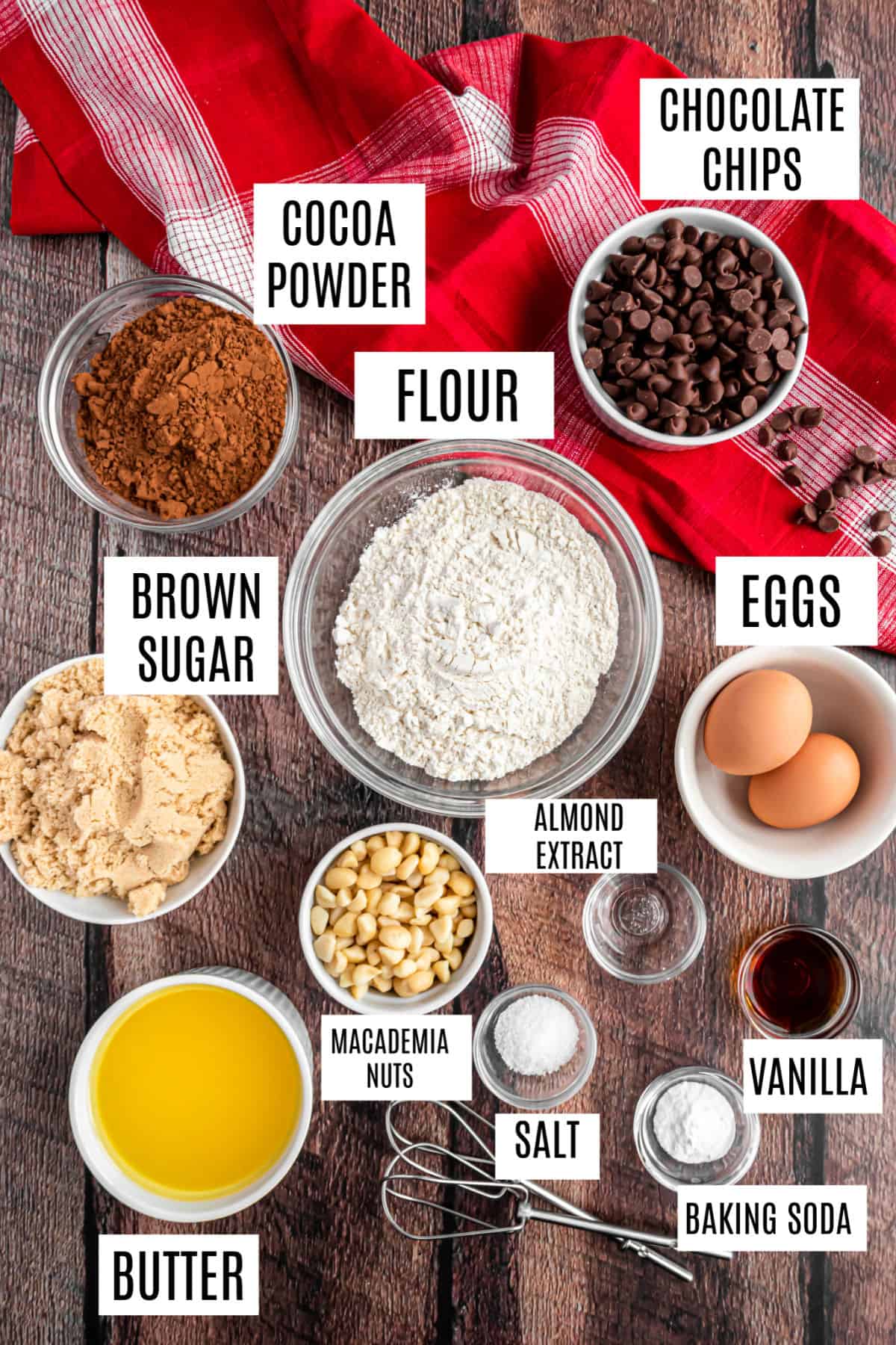 Ingredients for chocolate macadamia nut cookies.