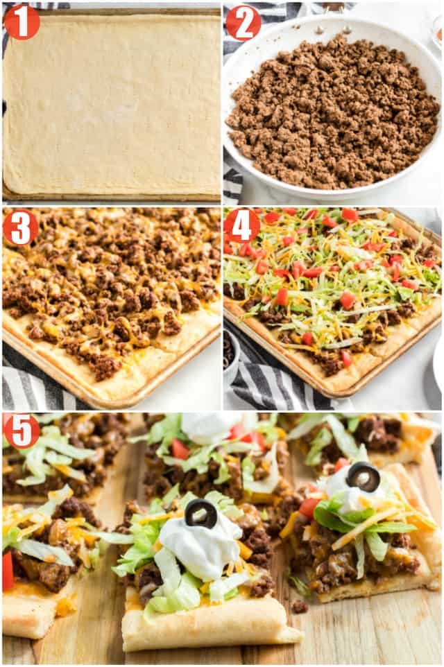 Step by step collage of photos on how to make homemade beef taco pizza.