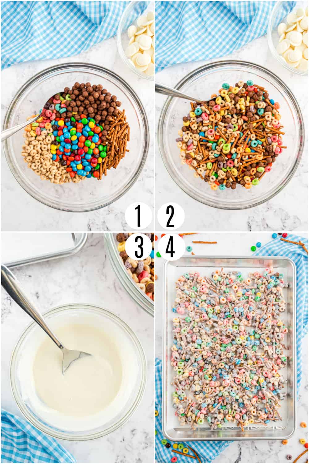 Step by step photos showing how to make white trash candy.