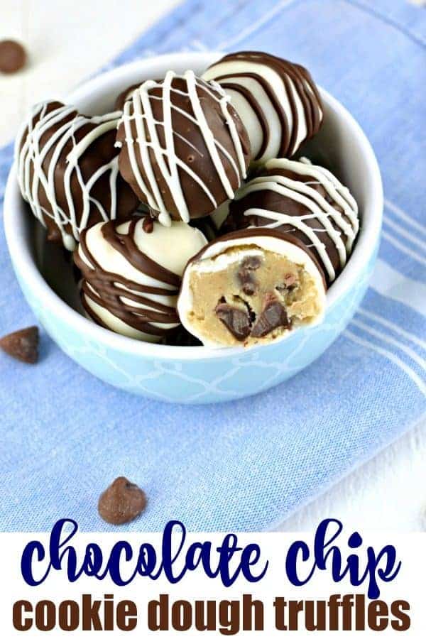 Bowl of Chocolate Chip Cookie Dough Truffles on blue napkin.