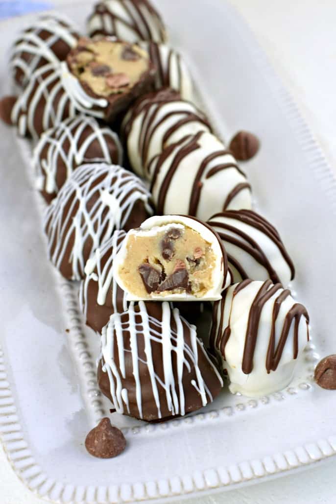 White Rectangle Plate of Chocolate Chip Cookie Dough Truffles.