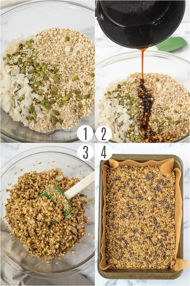 Step by step photos to make homemade healthy granola bars.