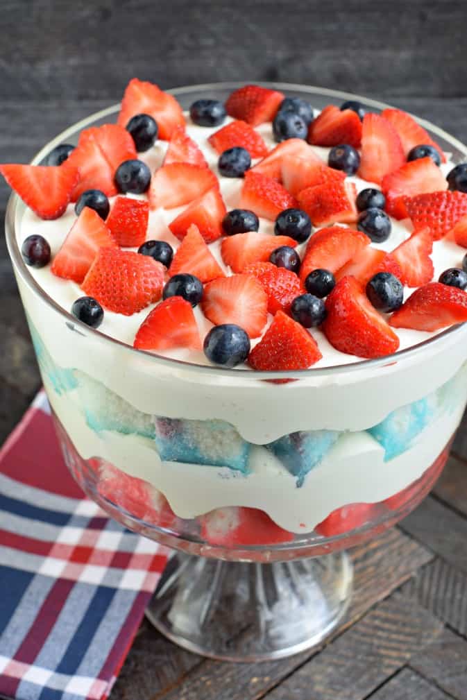 Jell-O Cheesecake Trifle recipe is an easy dessert made with a festive poke cake, cheesecake filling, and fresh berries. Perfect holiday dessert!