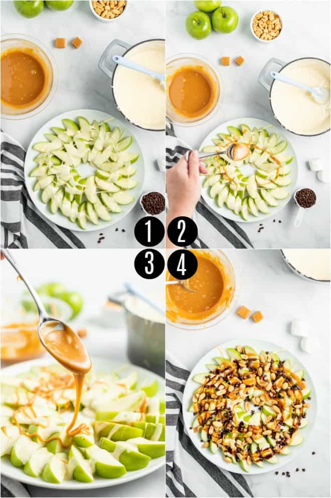 Step by step photos showing how to assemble caramel apple nachos.