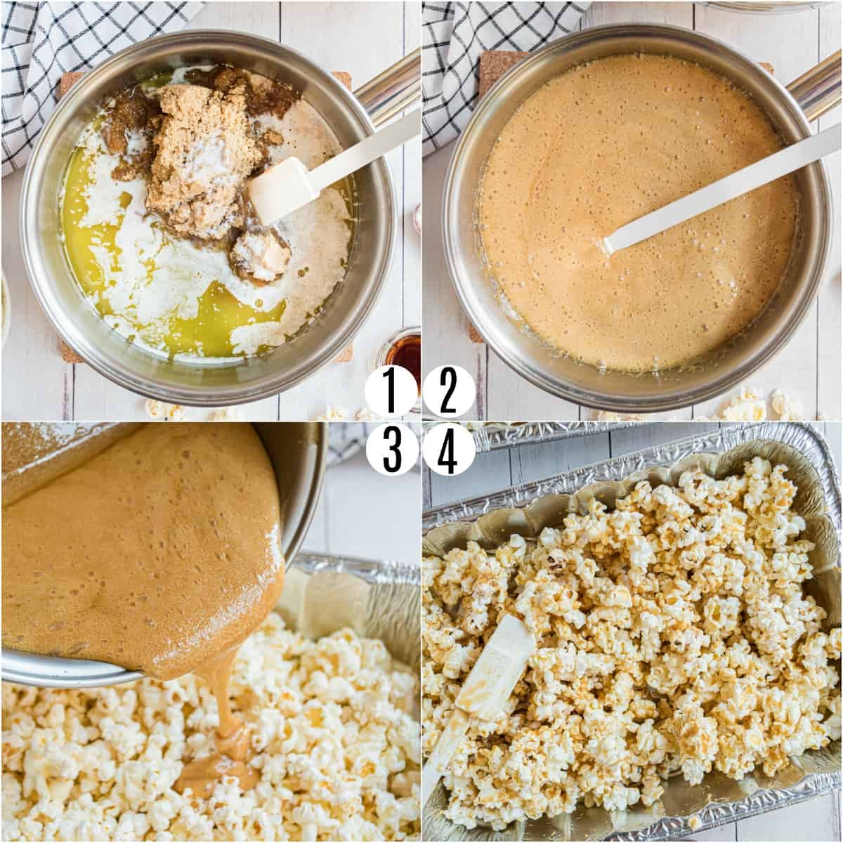 Step by step photos showing how to make caramel corn.