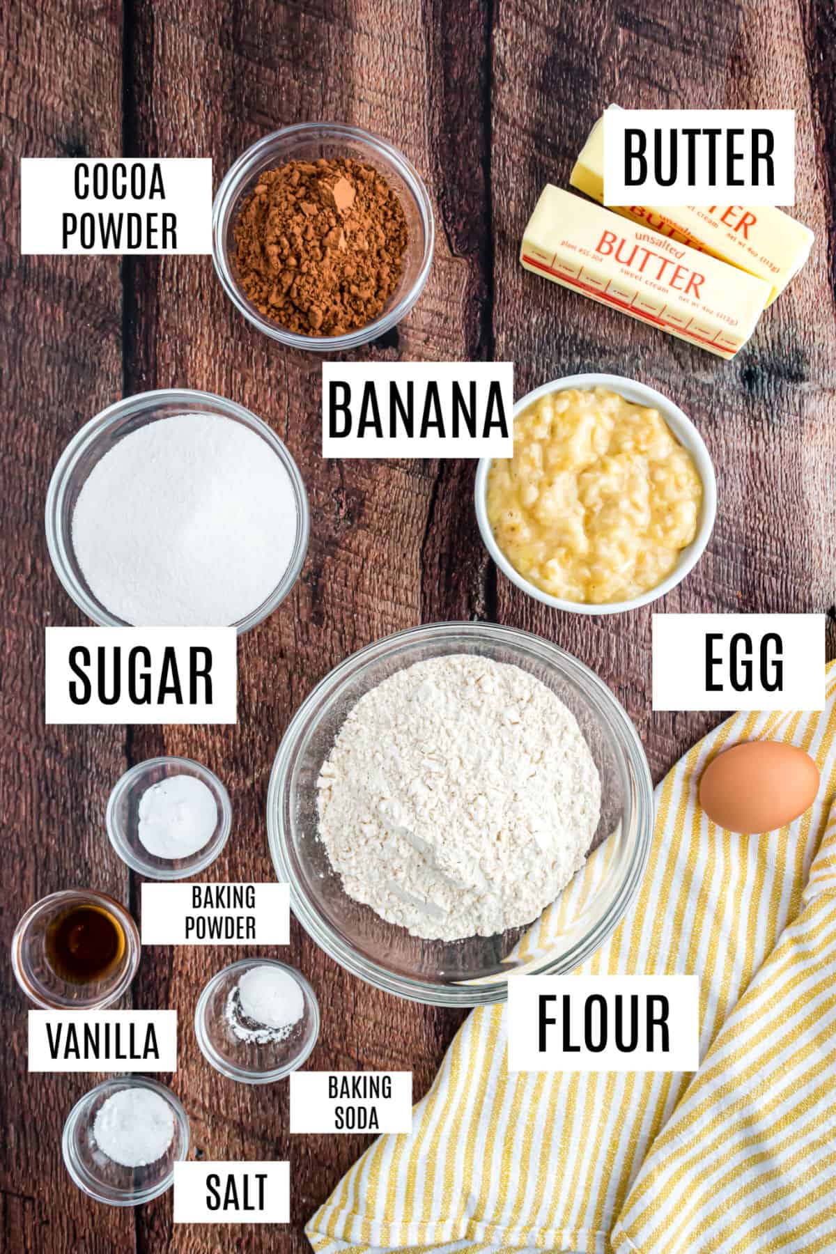 Ingredients needed for chocolate banana cake.