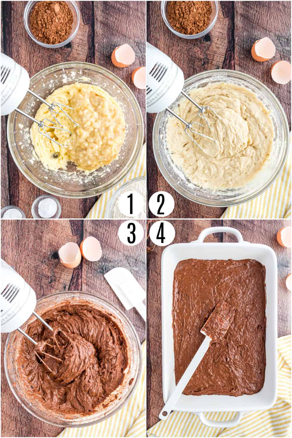 Step by step photos showing how to make chocolate banana cake.