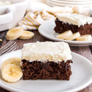 Chocolate banana snack cake with cream cheese frosting.