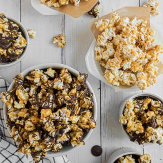 White and dark chocolate covered caramel corn.