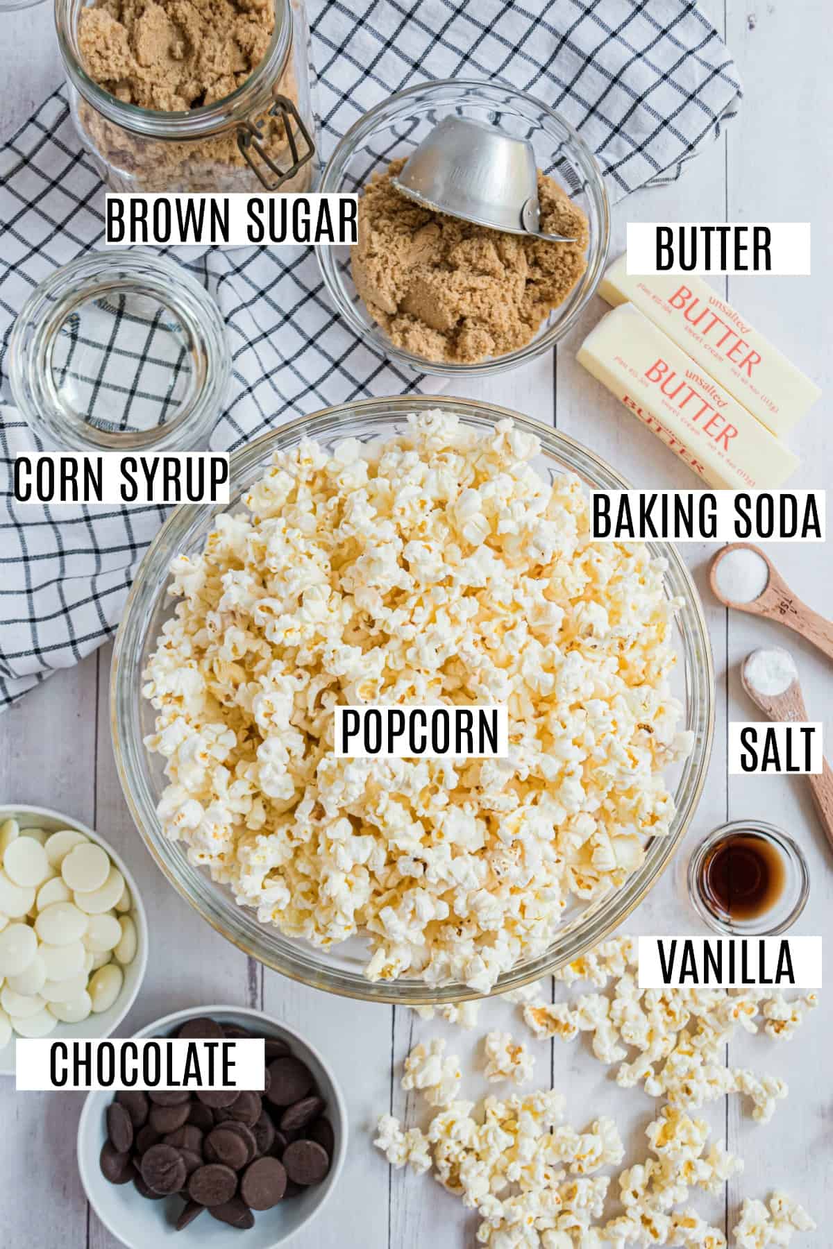 Ingredients needed for homemade chocolate covered caramel corn.