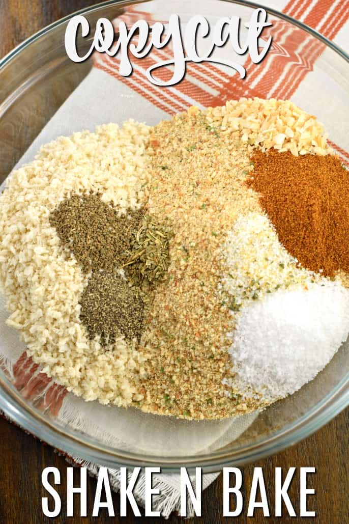 Clear glass bowl with all the seasonings for homemade shake and bake.