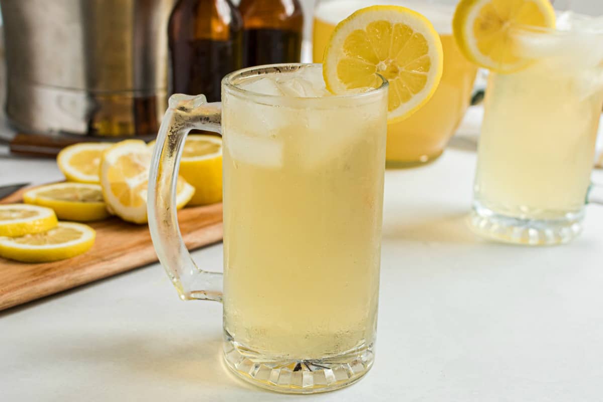 Beer mug filled with lemonade beer.