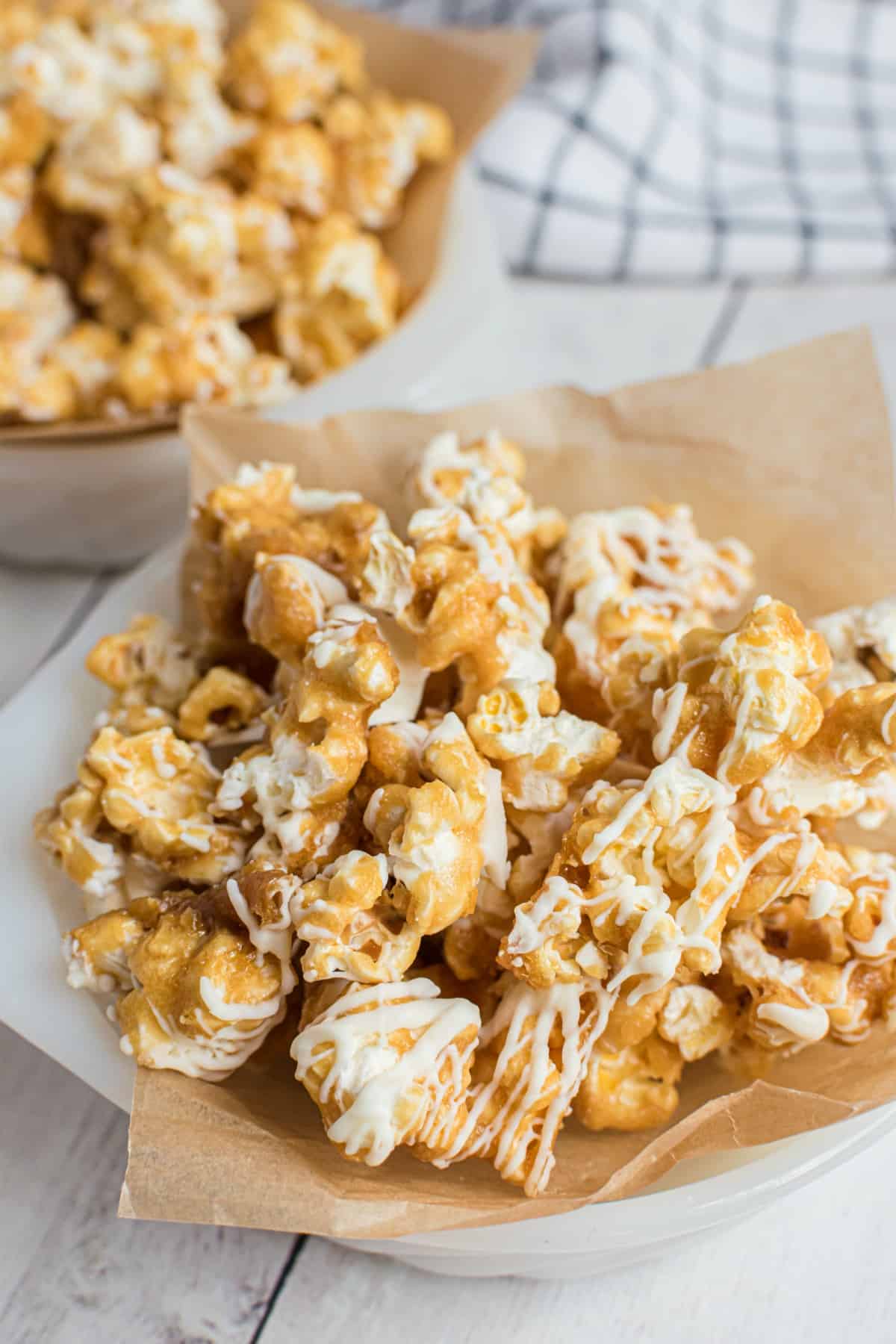 White Chocolate covered caramel corn in bowl.