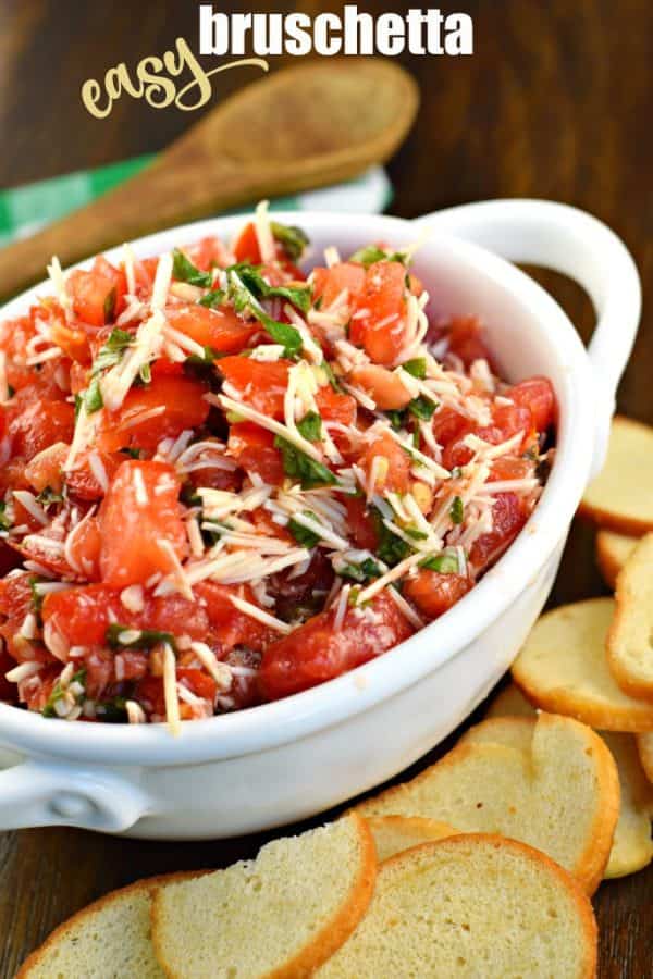 Fresh tomatoes and basil create the most delicious, EASY Bruschetta. Use bagel chips to dip, or add this to pasta with cheese!