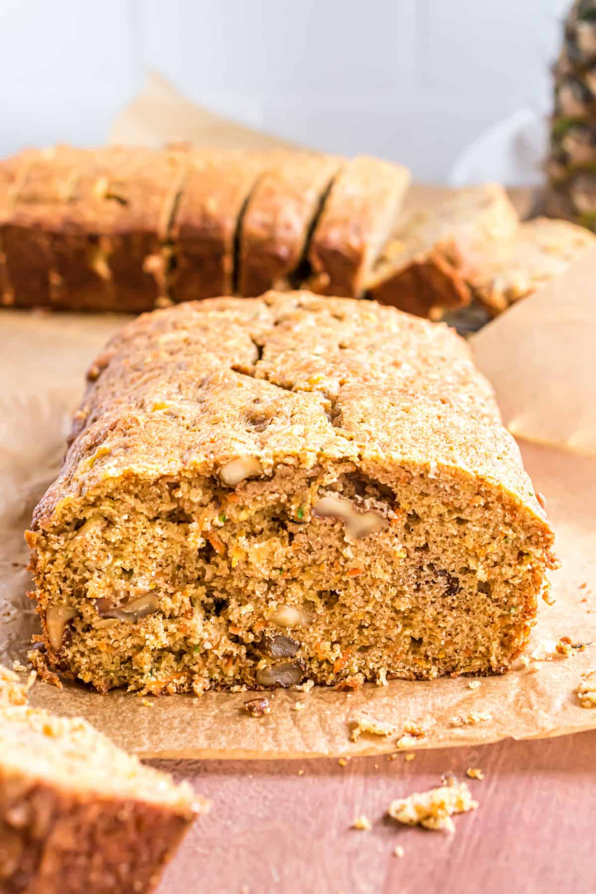 Loaf of zucchini bread with carrots and pineapple.