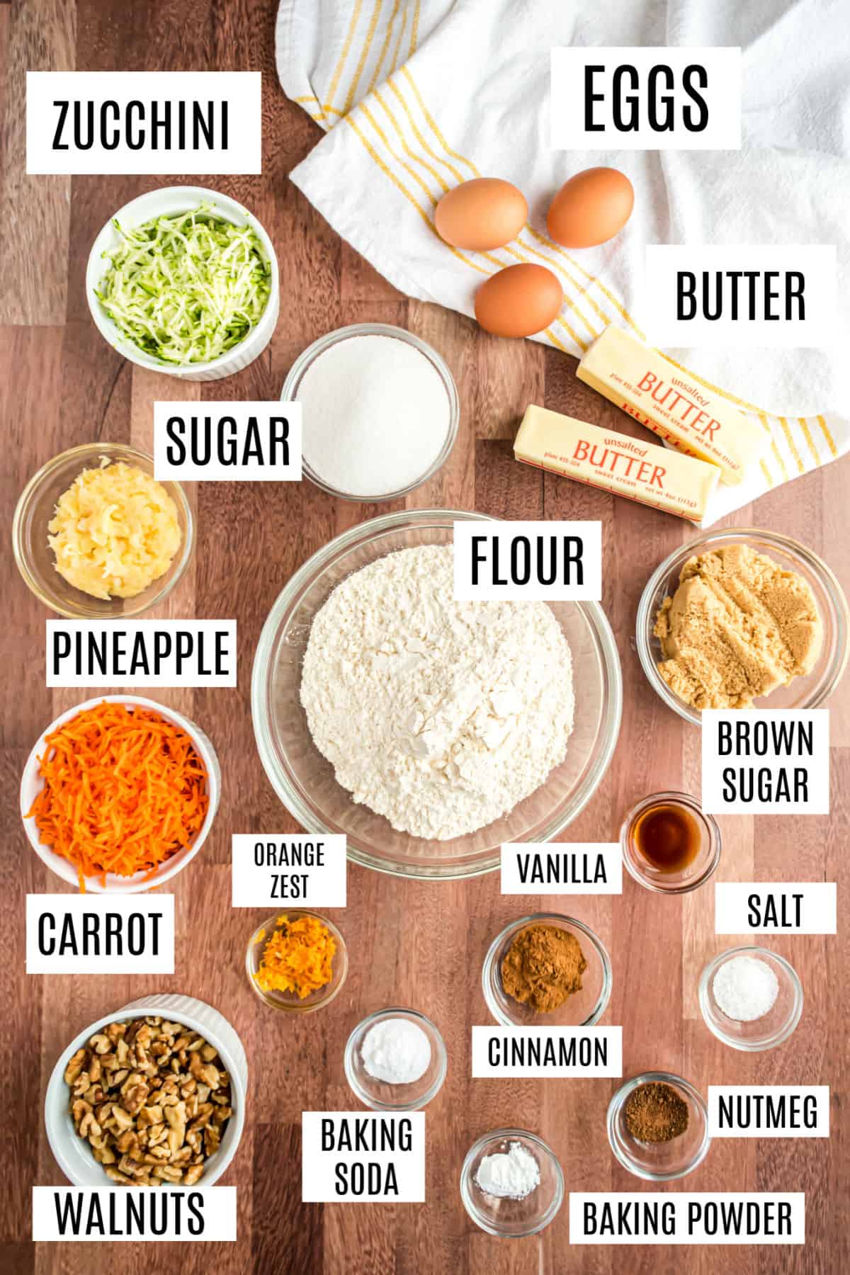 Ingredients needed to make pineapple zucchini bread with carrots.