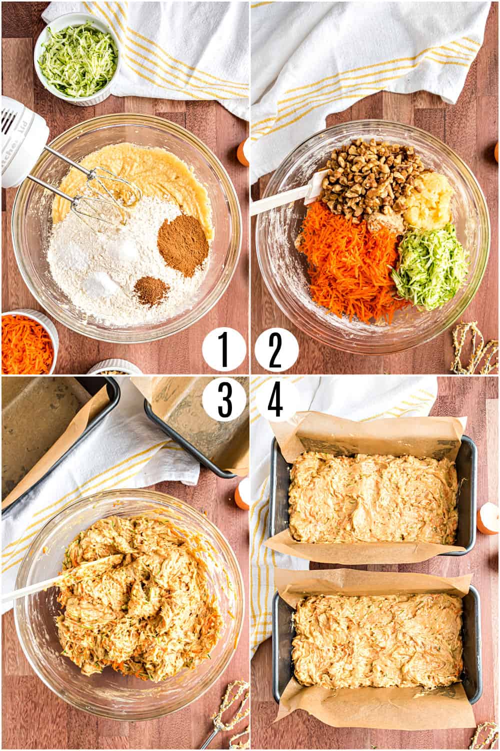 Step by step photos showing how to make pineapple carrot zucchini bread.