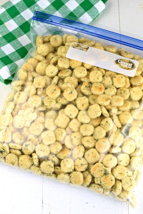 Ziploc bag filled with oyster crack snack mix.