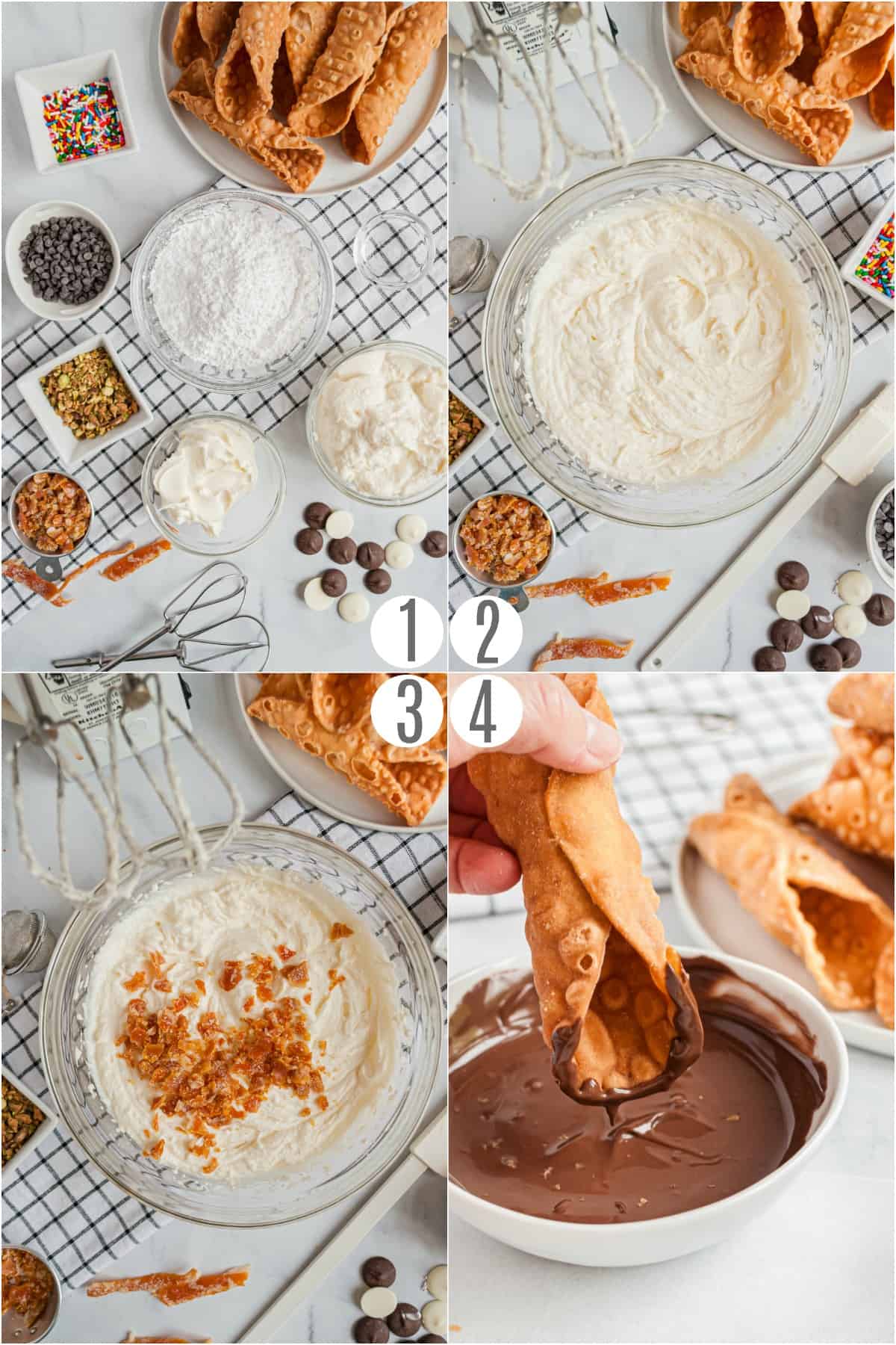 Step by step photos showing how to make homemade cannolis.