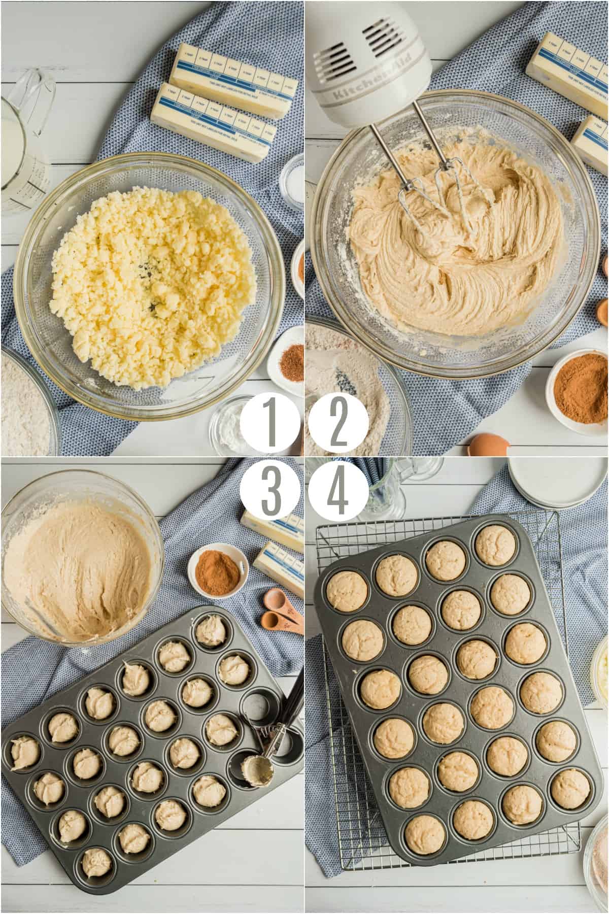 Step by step photos showing how to make cinnamon muffins.