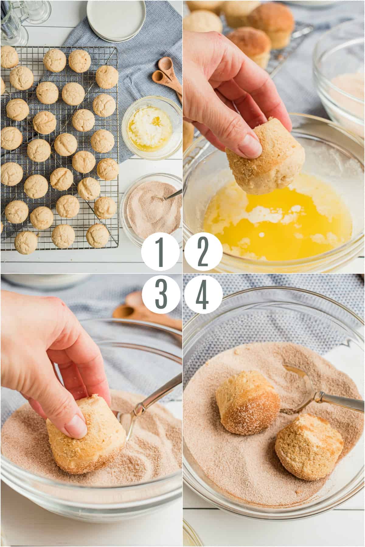 Step by step photos showing how to dunk cooked muffins in cinnamon sugar mix and butter.