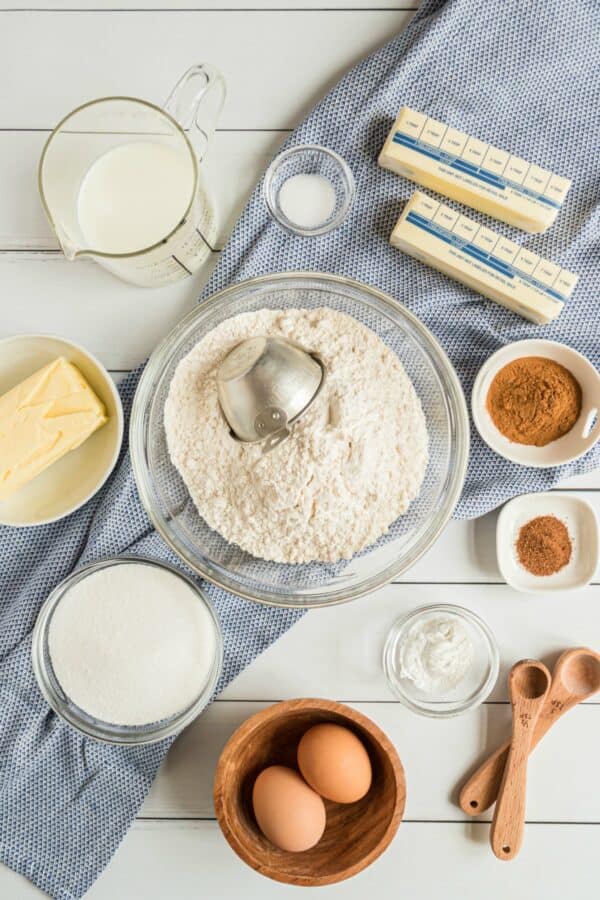 All the ingredients needed for cinnamon breakfast donuts.