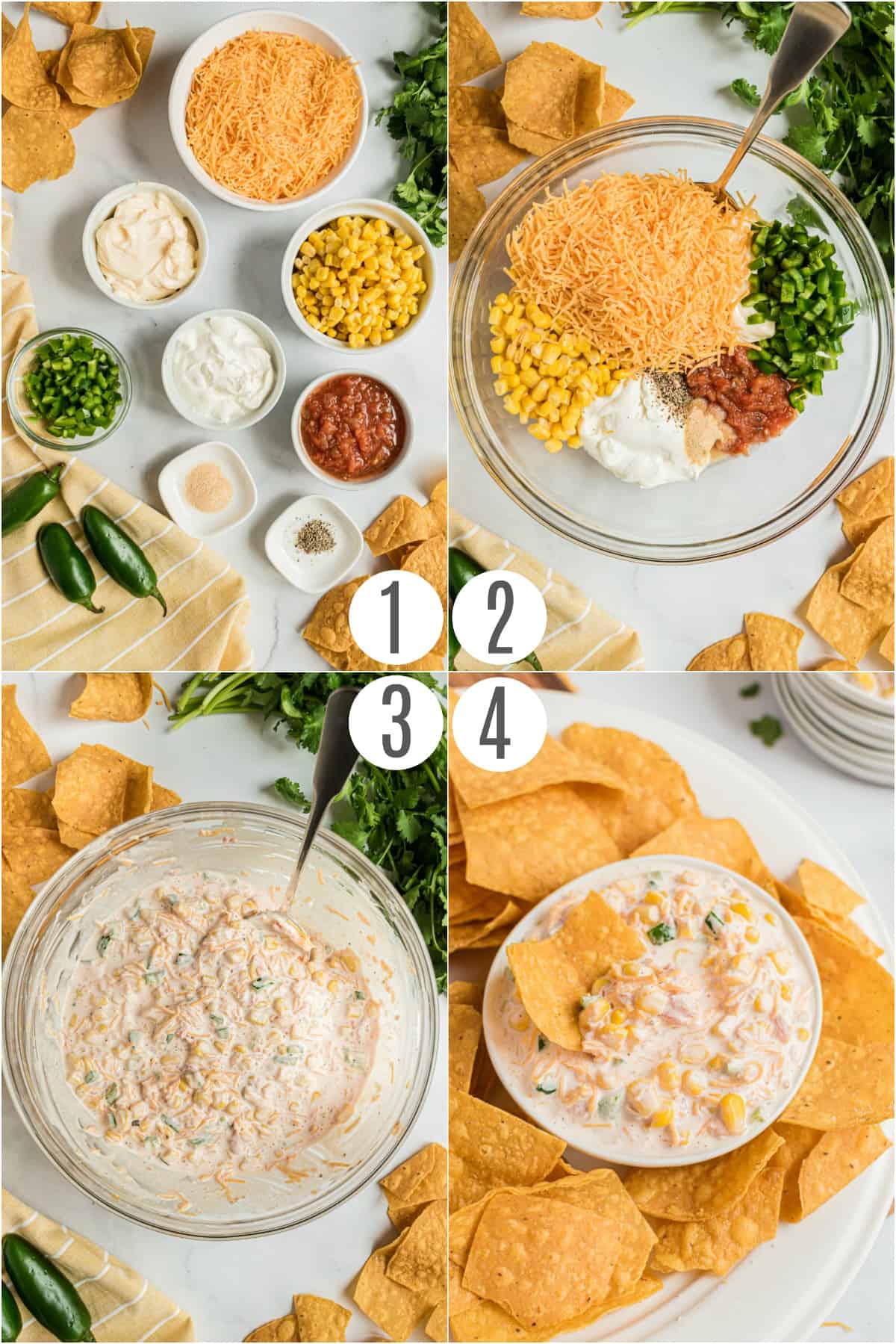 Step by step photos showing how to make jalapeno corn dip. 