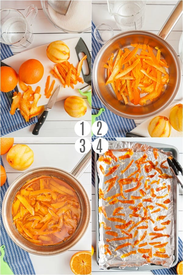 Step by step photos showing how to make orange peel candy.