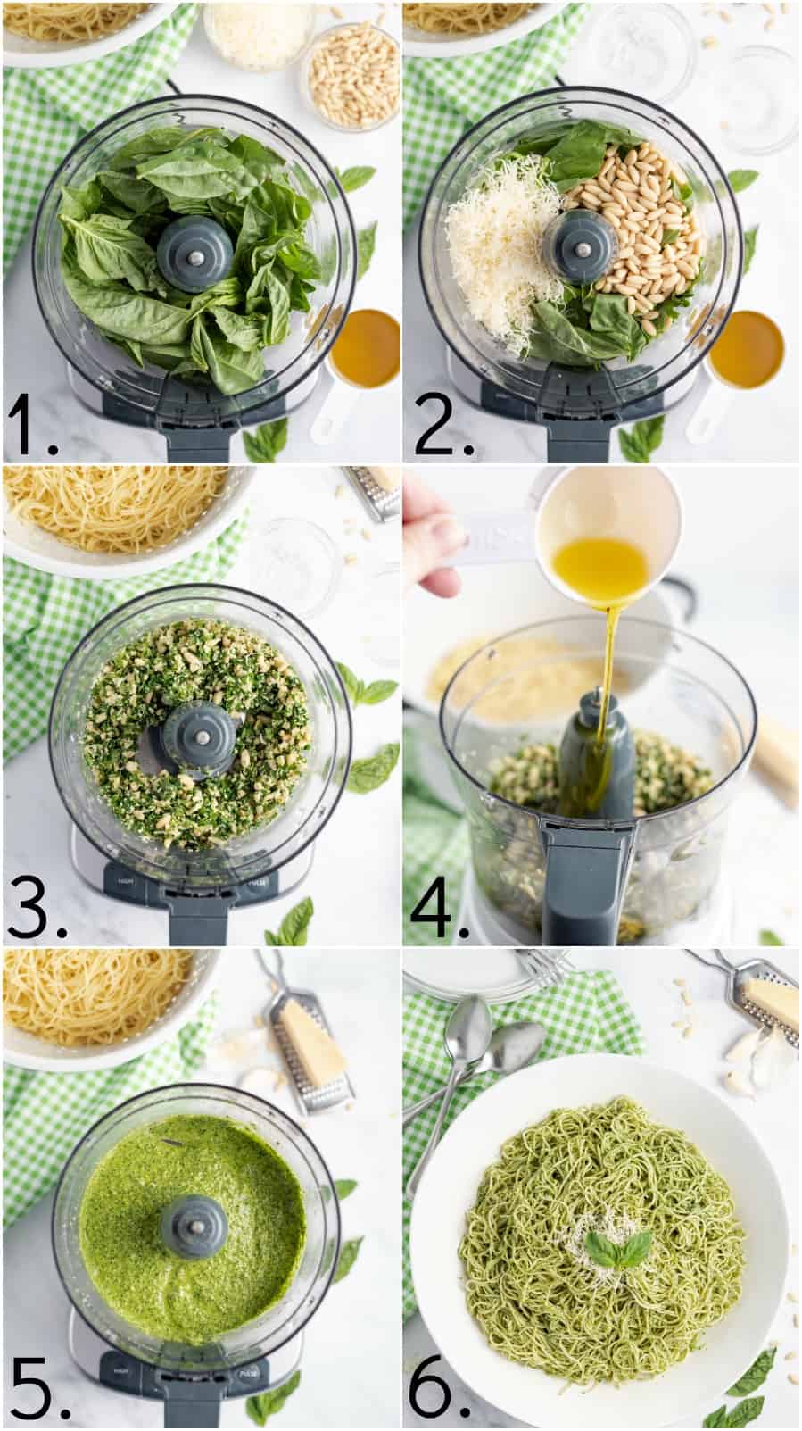 Step by step photo collage on how to make basil pesto.