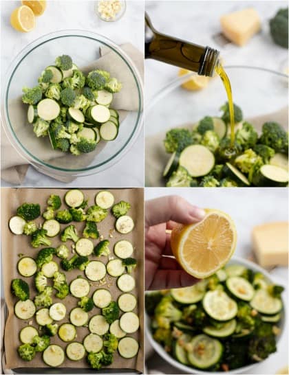 Step by Step photos for roasted broccoli and zucchini.