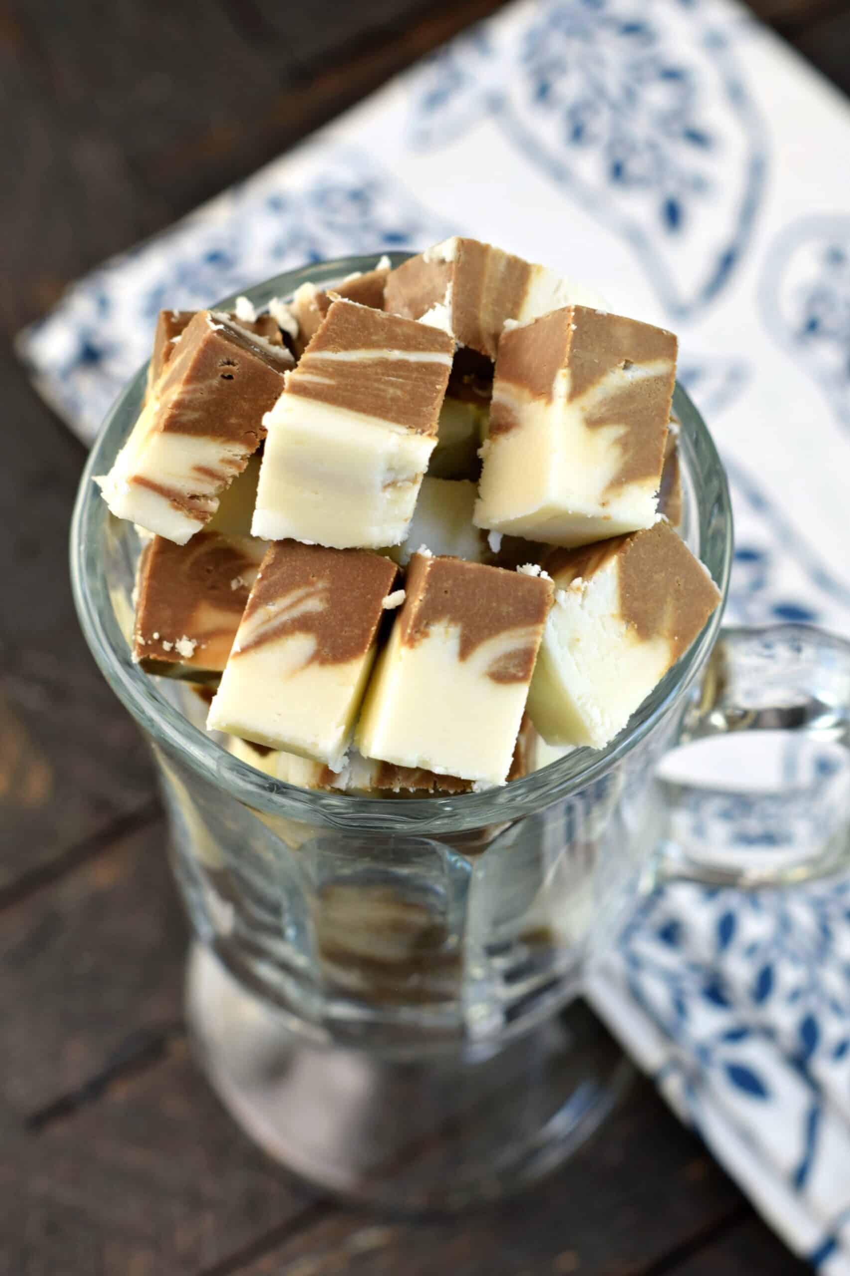 Clear mug filled with pieces of root beer float mug.