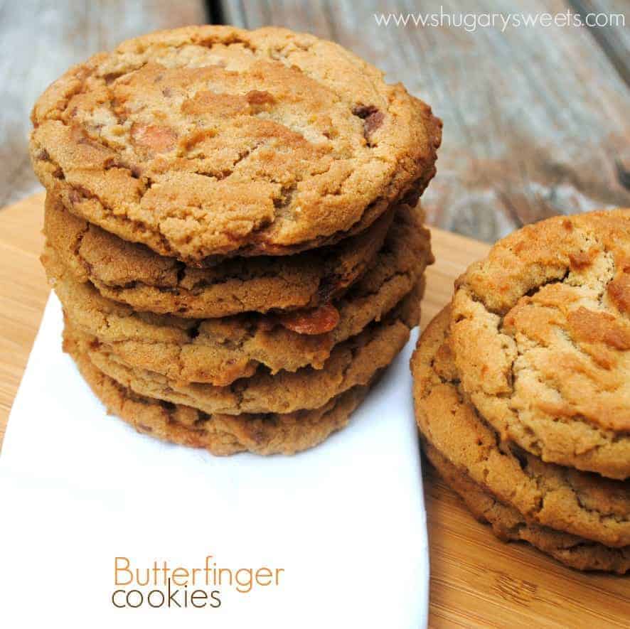 Chewy Butterfinger cookies: loaded with candy bars and flavor! www.shugarysweets.com