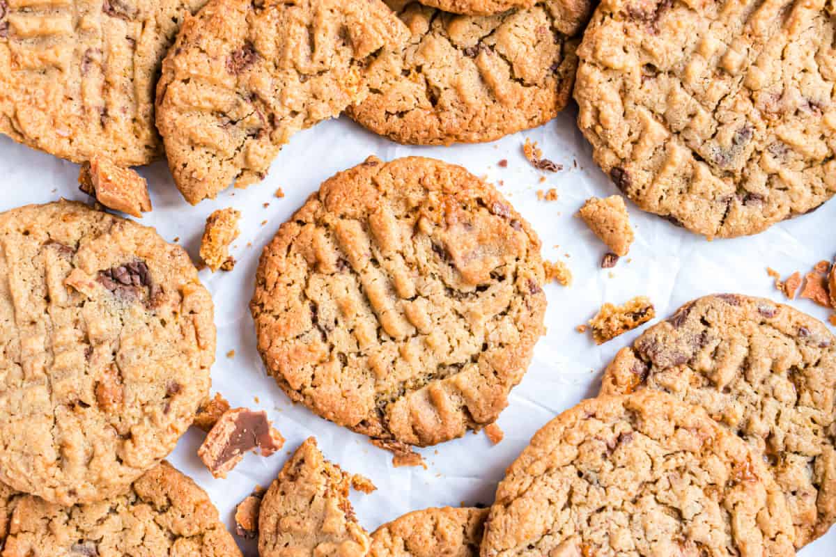 Stacks of butterfinger cookies to serve.